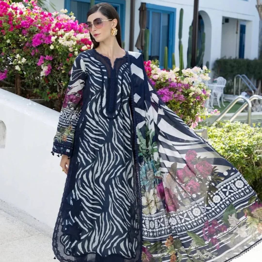 Aalia Midnight Navy Printed Premium Slub Cotton 3-piece Suit