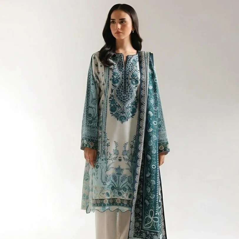 Naira Teal Jade Embroidered Premium Cotton 3-Piece