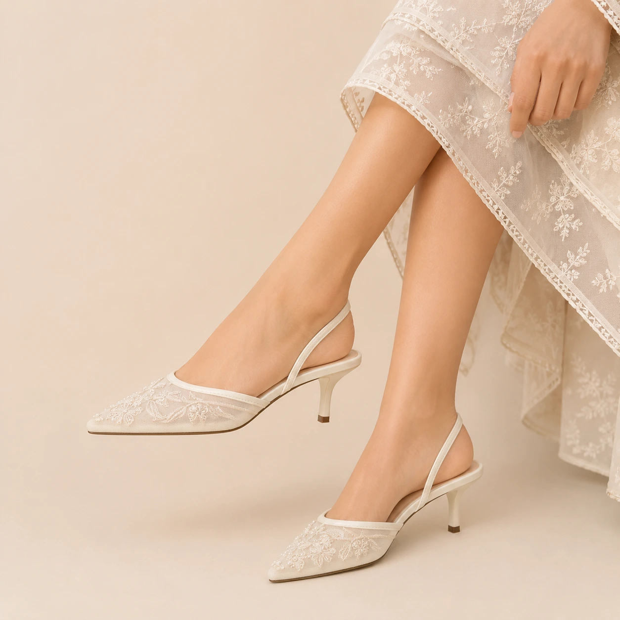 Ivory White Floral Embroidered Slingback Heels | Bridal, Wedding & Party Shoes