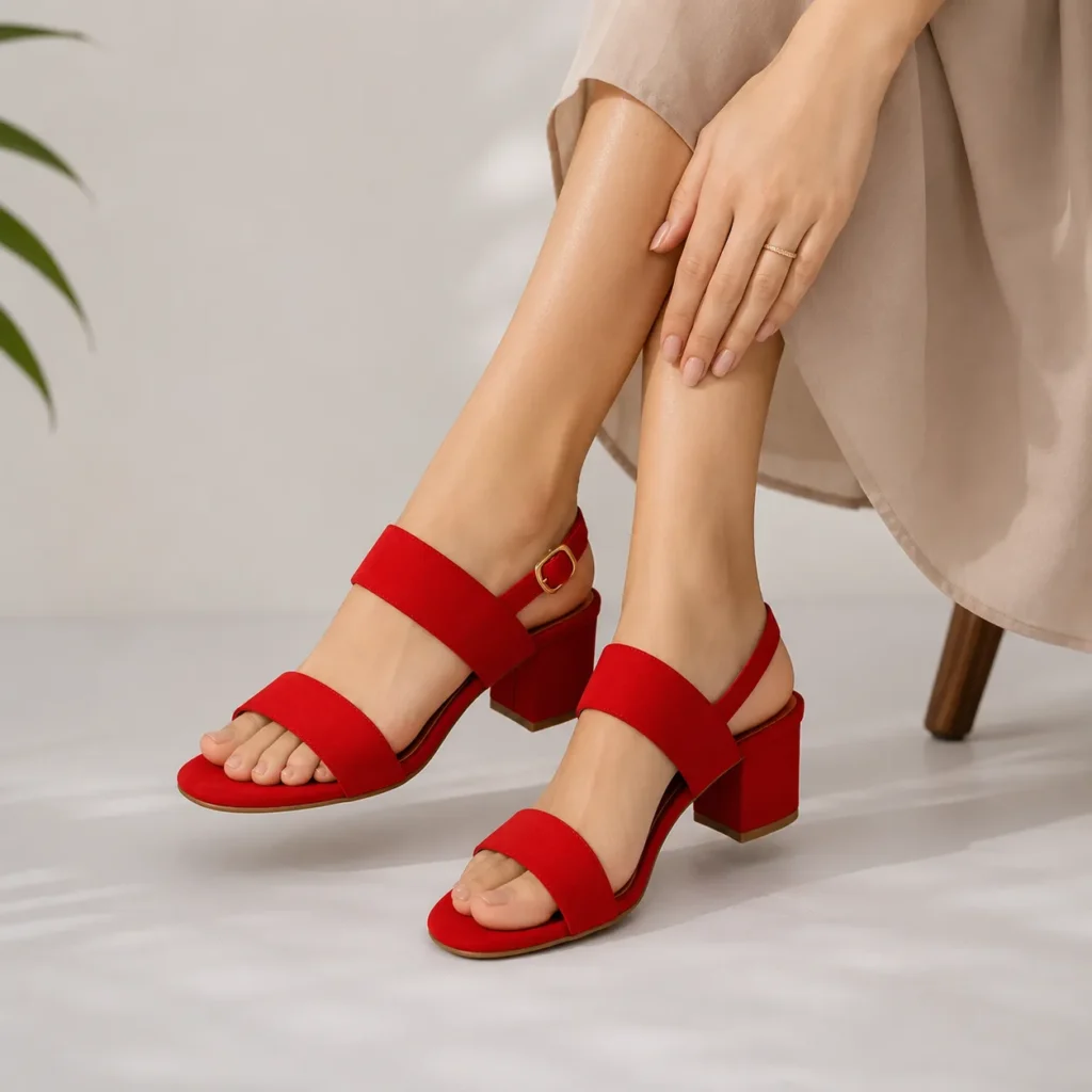 Women’s Suede Leather Belt – Red Block Heel