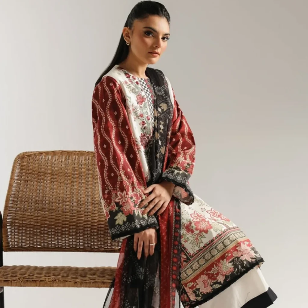 Zoya Crimson Ivory Embroidered Premium Cotton 3-piece Suit